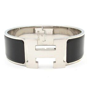 HERMES Clic Clac H Silver Black Hardware Patent Leather Bangle